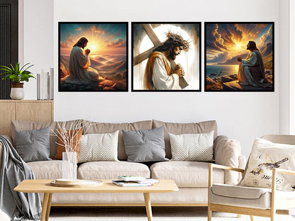 Benjenes 3Pcs Jesus Christ Prayer Diamond Art Kits for Adults, Diamond Painting Kits for Adults, 5D DIY Round Drill Gem Art Paint with Diamonds Dots Crafts Kits for Home Decor Gift 14x14inch