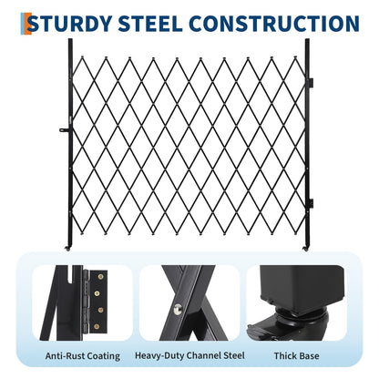 7FT Metal Expandable Mobile Barricade,Industrial Folding Security Gate Driveway Gate, Retractable Retractable Gate Outdoor,Folding Safety Barricade with Casters