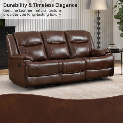 EBELLO Genuine Leather Manual Recliner Sofa Set, 1 Seat Reclining Chair, a Loveseat, a 3 Seater Sofa with Storage Cup Holders, Modern Durable Home Furniture Set for Living Room, Vintage Brown
