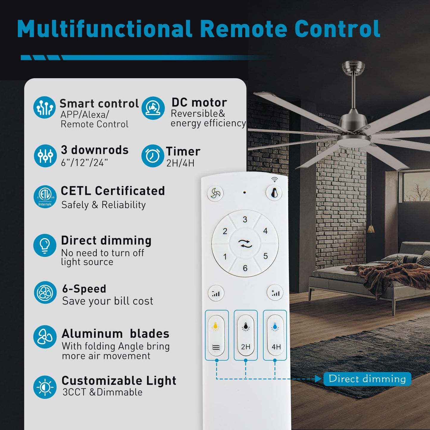 72 lnch lndustrial Smart Celing Fan with Light and Remote Control via WIFI Alexa,Large Celing Fan with 8 Brushed Nickel Aluminum Blades,6 Speed Noiseless DC Motor Indoor Outdoor Ceiling Fans for Patio