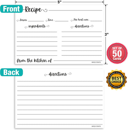 Double-Sided Recipe Cards 3x5 Inches, 50 Counts Durable Easy Typing - Minimal Modern (White)
