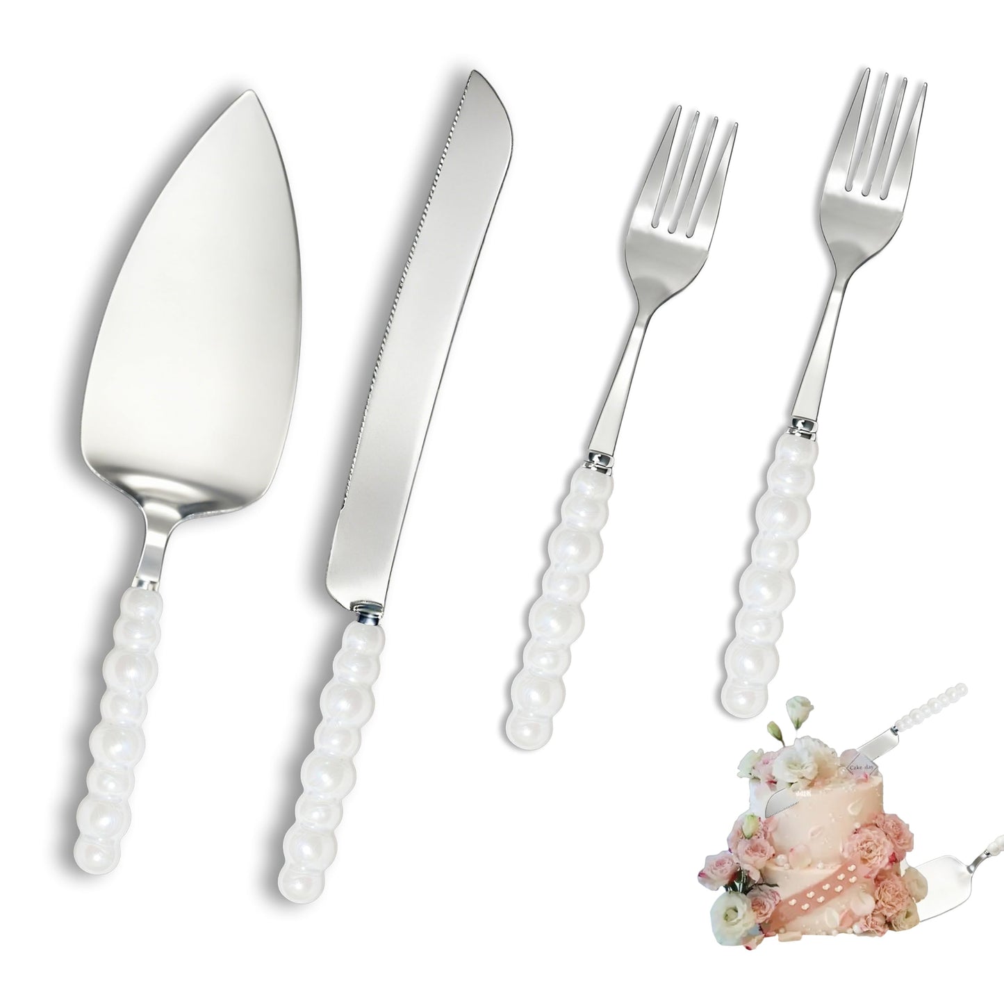 TRILVIX Wedding Cake Knife and Server Set, Elegant Ceramic Pearl Handle Cake Cutting Set for Wedding, Stainless Steel Cake Cutting Set, for Weddings, Anniversaries, and Engagement Gifts for Couples