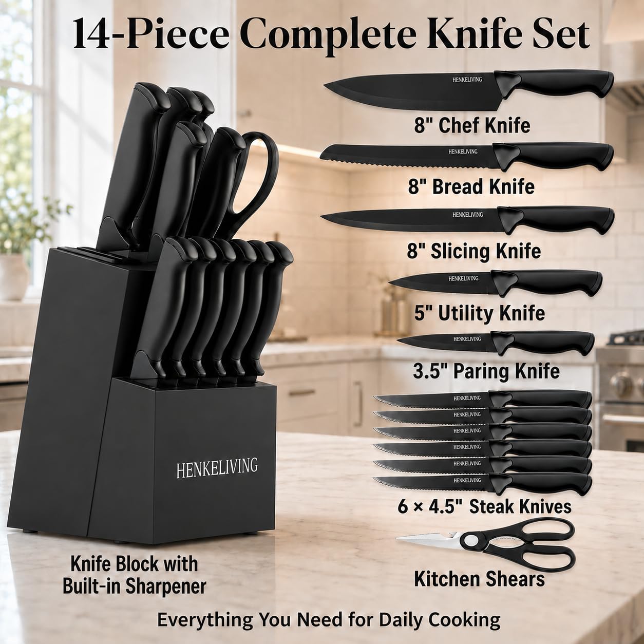 HENKELIVING Knife Set, 14-Piece Black Dishwasher Safe Kitchen Knife Block Set with Built-In Sharpener, German High Carbon Stainless Steel Blades, Ultra Sharp Knives with Ergonomic Non-Slip Handles