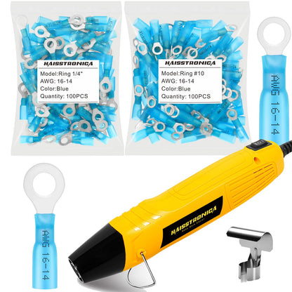 haisstronica Mini Heat Gun 350W+100pcs #10 & 100pcs 1/4" Blue Heat Shrink Ring Connectors