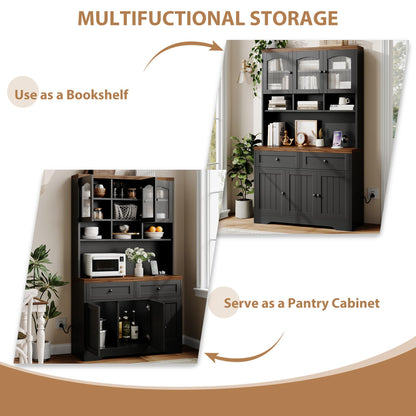 Garvee 71" Pantry Cabinet with Charging Station, Tall Kitchen Pantry Storage Cabinet with Microwave Stand, Farmhouse Kitchen Hutch with Storage Drawers for Living Room, Dining Room, Black