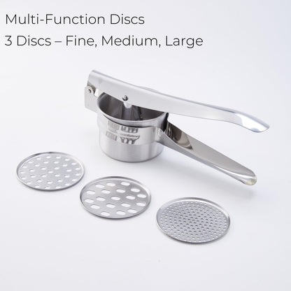 Stainless Steel Khuon Banh Lot Press – Multi-Purpose Potato Ricer, Cendol Maker, Spaetzle Press – Heavy-Duty Manual Food Strainer with 3 Interchangeable Discs for Rice, Vegetables, and Dough