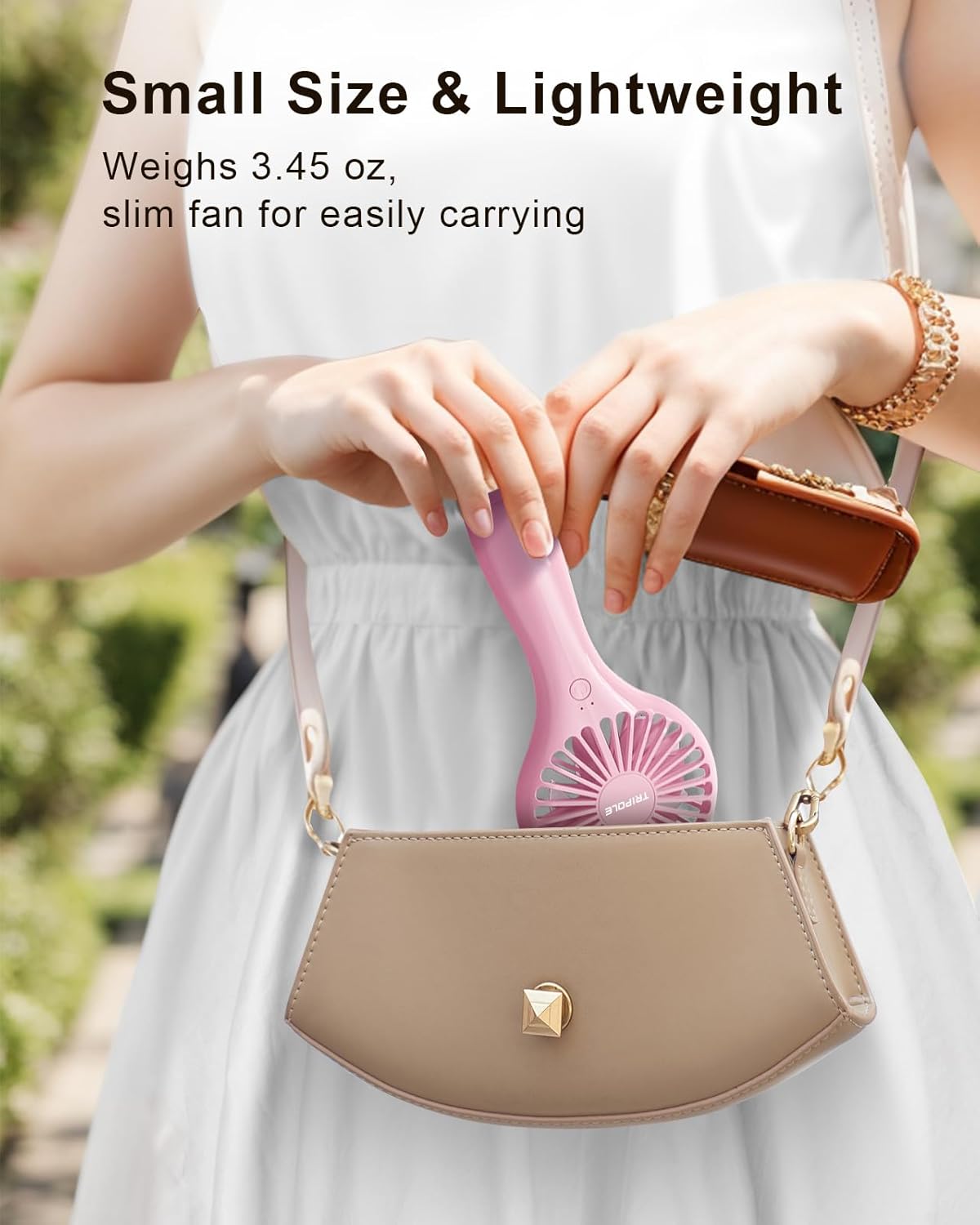 TriPole Mini Handheld Fan, Battery Operated, Portable, Speed Adjustable, USB Rechargeable, Pink for Kids, Women, Men,