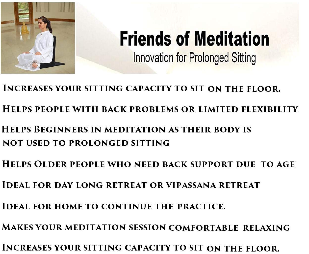 Friends of Meditation Extra Large Meditation Chair | Floor Chair with Back Support | Yoga Chairs for Adults | Portable Folding Chair | Yoga Chair with Cushion & Meditation Block | Black | 24x22 in