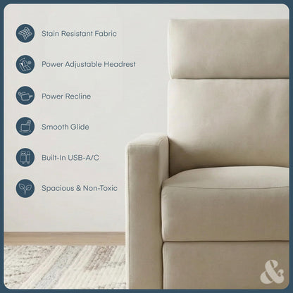 Nurture& The Glider Premium Power Recliner Nursery Glider Chair with Adjustable Head Support | Designed with a Thoughtful Combination of Function and Comfort | Built-in USB Charger (Ivory)