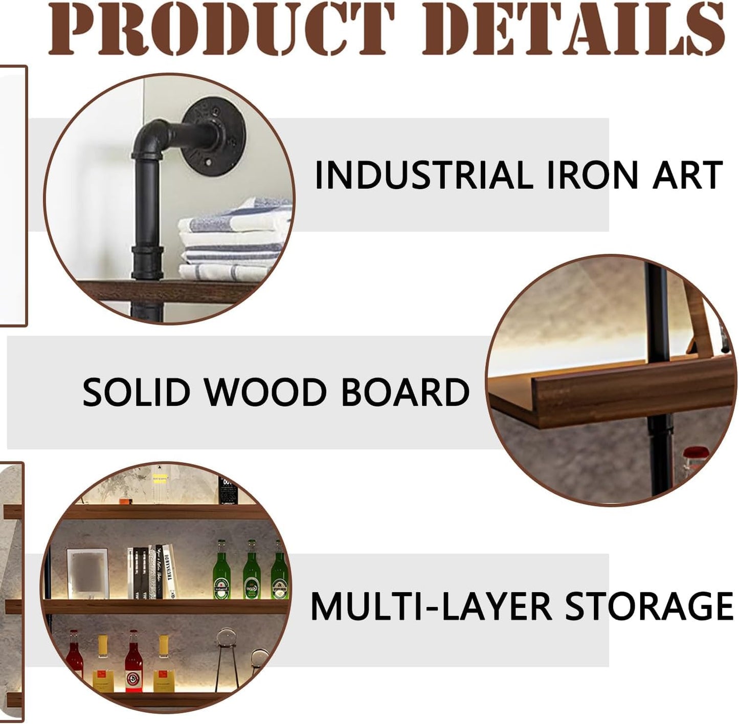Dawselod 70.8in Large Wine Rack with LED Light Solid Wood Wall Mounted Wine Rack, 3-Tiers Liquor Bottles Floating Shelves Display Storage Organizer for Home Bar & Dining Room (180cm/70.8in)