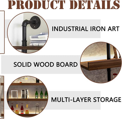 Dawselod 70.8in Large Wine Rack with LED Light Solid Wood Wall Mounted Wine Rack, 3-Tiers Liquor Bottles Floating Shelves Display Storage Organizer for Home Bar & Dining Room (180cm/70.8in)