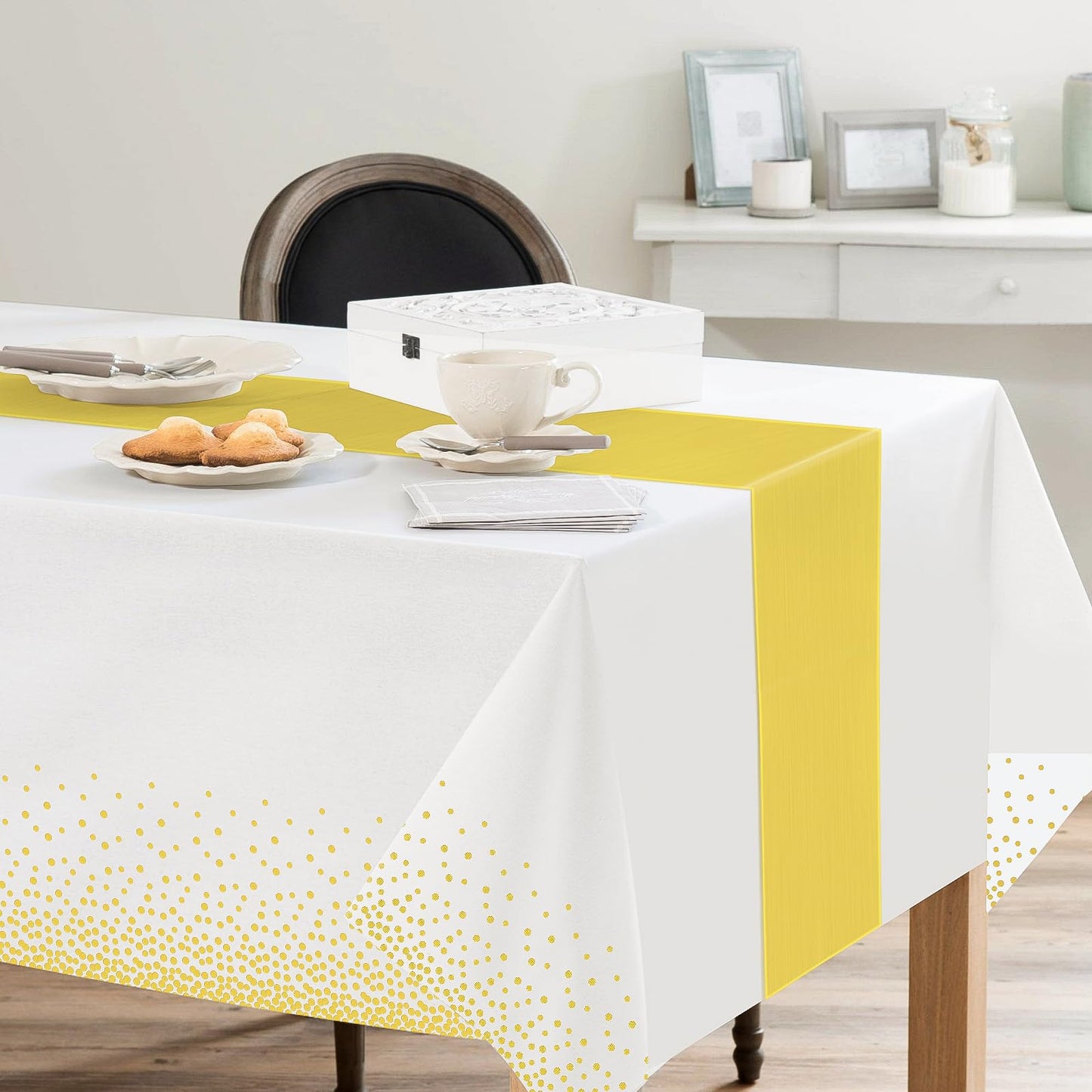 Barafat 12 Pack White Gold Tablecloth and Table Runner Set Party Decorations, White and Gold Plastic Disposable Tablecloth and Satin Table Runner for Wedding Birthday Party (White and Gold)