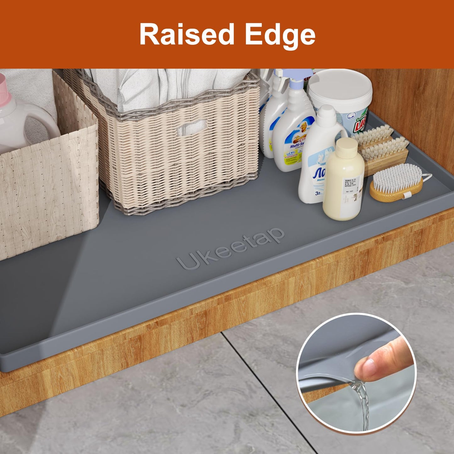ukeetap Extra Thick Silicone Mat Waterproof with Raised Edge 34" x 22", Under Sink Mat for Kitchen & Bathroom, Kitchen Cabinet Liner, Multi-Purpose for Storage & Protection, Gray