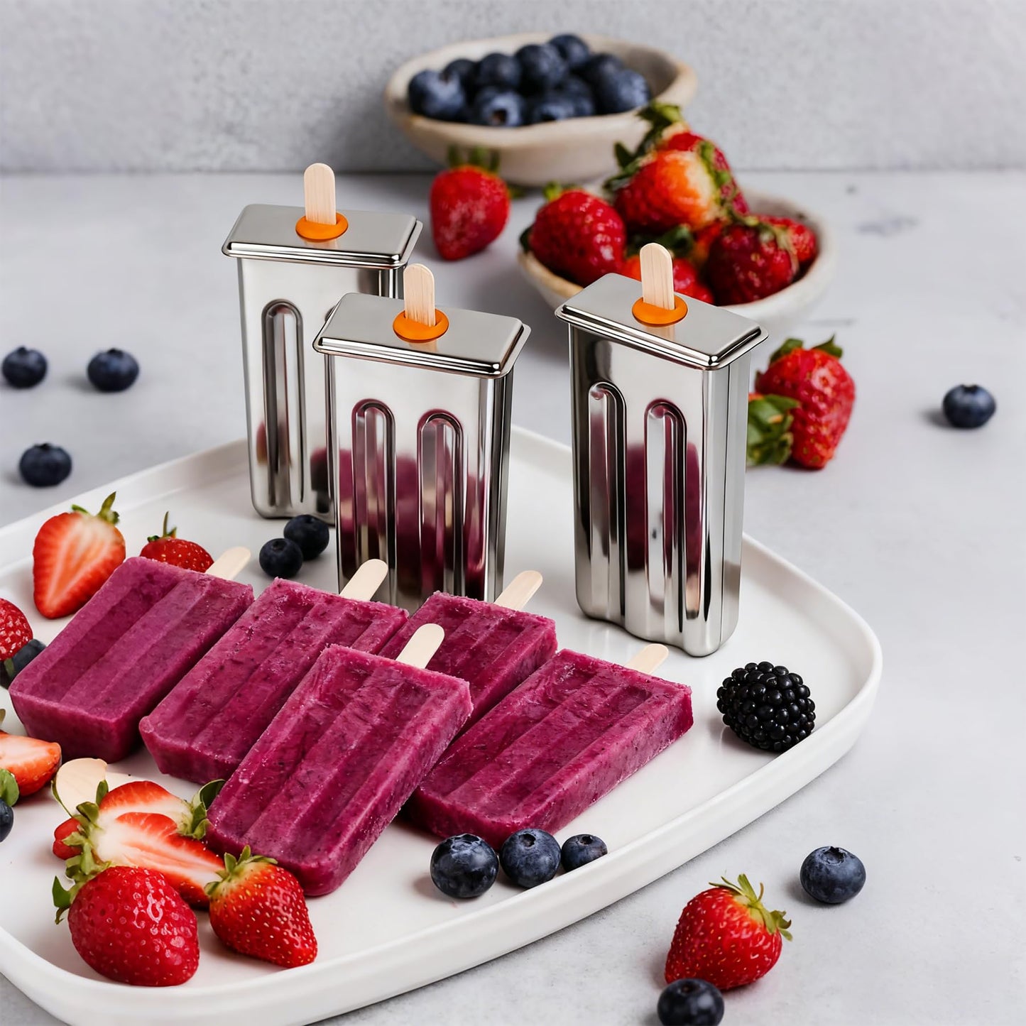 Popsicle Molds Set 10 Pieces Stainless Steel Popsicle Maker, Homemade Popsicle Molds with 100 Sticks, 20 Bags, 22 Silicone Seals, 1 Cleaning Brush & 1 Stand, Ice Pop Mold Maker for Kids (Square)