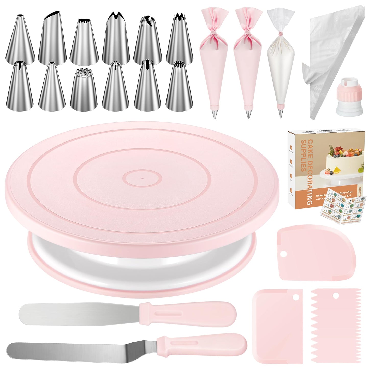 Kootek 71PCs Cake Decorating Kit, Baking Supplies Tools - Includes Cake Stand Turntable, 12 Icing Piping Tips Set, 2 Frosting Spatulas, 3 Scrapers, 50+2 Piping Bags, Coupler, Video Tutorial, Booklet