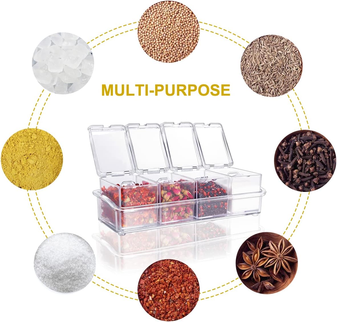 HANHAN Clear Seasoning Boxes, 4 PCS Acrylic Spice Shakers with Spoon, Lid & Tray for Kitchen Storage (Clear)
