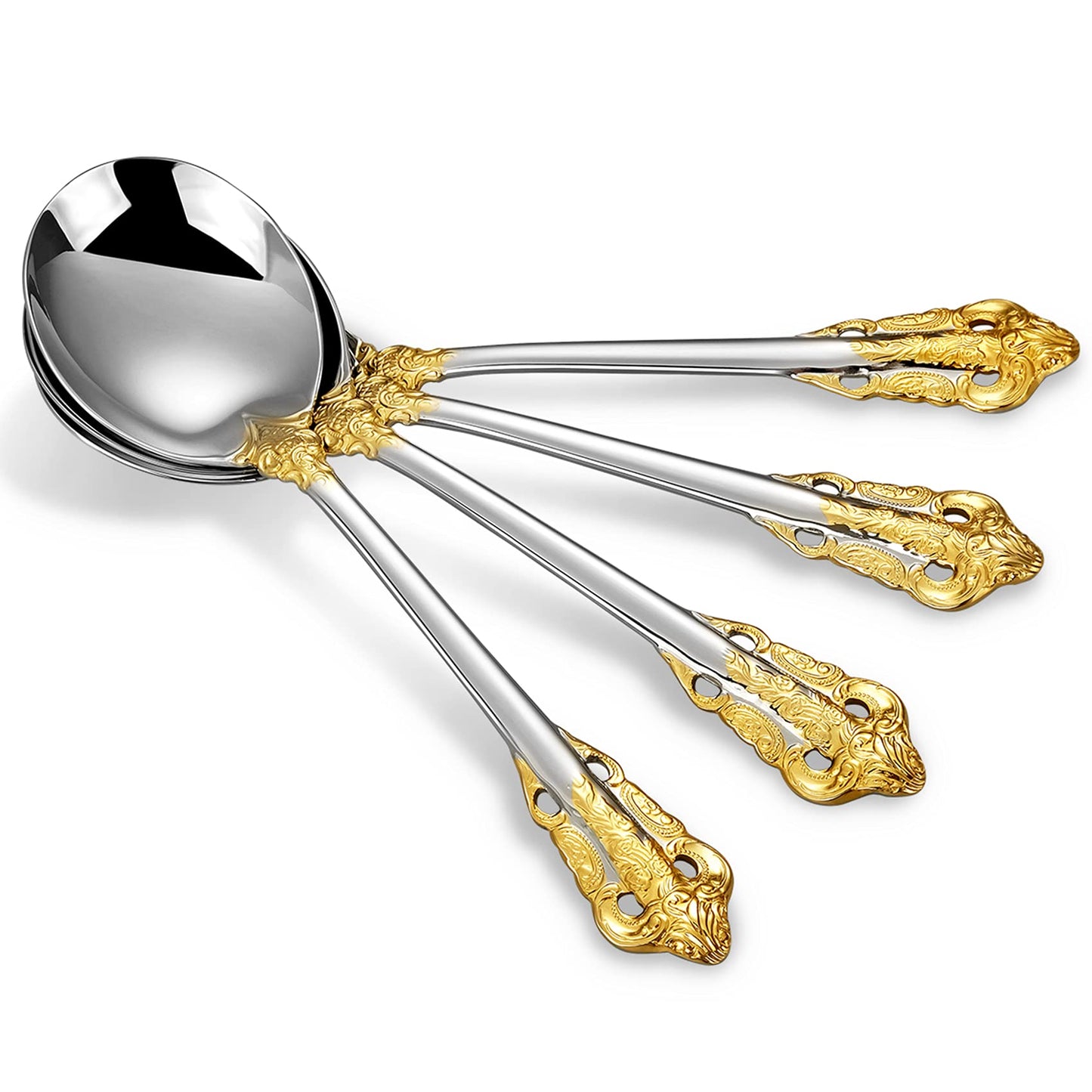 KEAWELL Gorgeous Round Soup Spoon, Set of 4, 18/10 Stainless Steel, Luxury Bouillon Spoon, Dishwasher Safe, Fine Mirror Polished (Gold Accent)