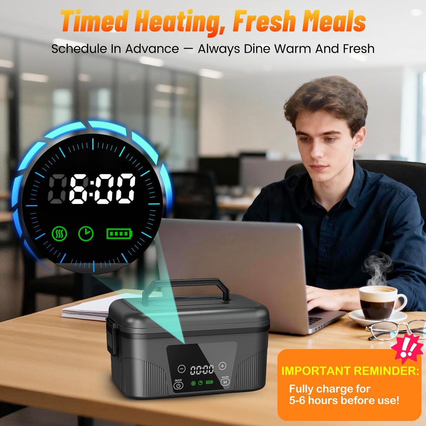 great dachong Heated Lunch Box for Men, 18000mAh Rechargeable Electric Lunch Box Warmer, Portable 6 Cups Food Heater 1.5L, Cordless Lunchbox for Work Office Car