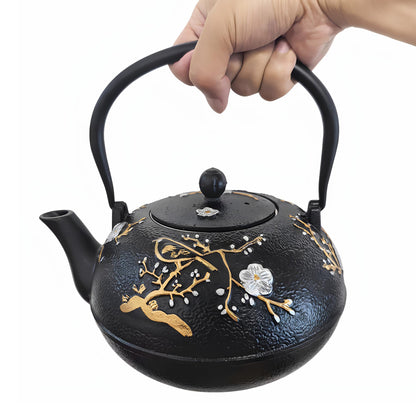 Cast Iron Teapot SECHUDO Teapot for Stovetop Safe Coated with Enameled Interior,Japanese Beautiful Tea Kettle with Stainless Steel Infuser for Loose Tea (60.9oz Plum Blossoms and Bird Pattern)