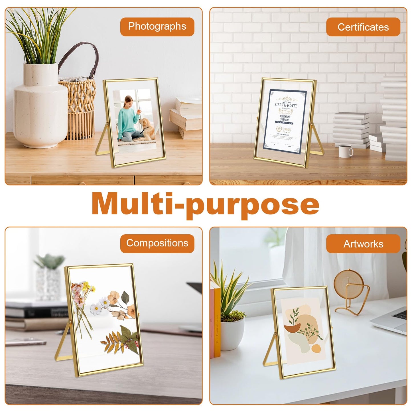 WOPPLXY 5 "x 7" Gold Floating Frames Set of 3, Pressed Glass Floating Frames, Vertical Adjustable Tabletop/Shelf Photo Frame, Gold Floating Picture Frame for 4 x 6,3 x 5 Photo Tabletop Display
