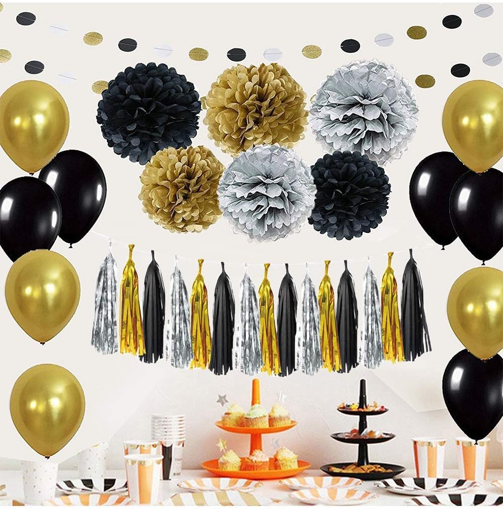 Black and Gold Party Decorations - DIY Tissue Paper Pom Poms, Balloons, and Garland