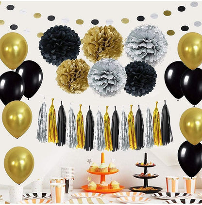 Black and Gold Party Decorations - DIY Tissue Paper Pom Poms, Balloons, and Garland