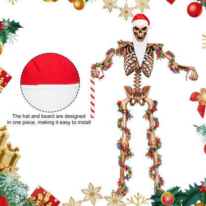 JcHrmers 4 Pcs Christmas 12 ft Skeleton Santa Costume Accessories Including Giant Santa Hat Top Long Beard Inflatable Candy Cane 16.4FT Christmas Tinsel Garland for Xtmas Outdoor Decor