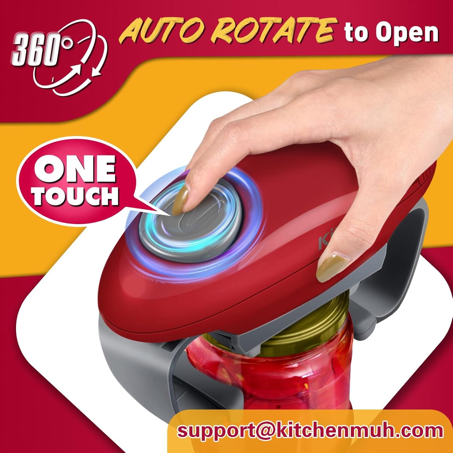 Higher Torque Electric Jar Opener for Seniors - Automatic Jar Opener for Weak Hands, Battery Operated, Red