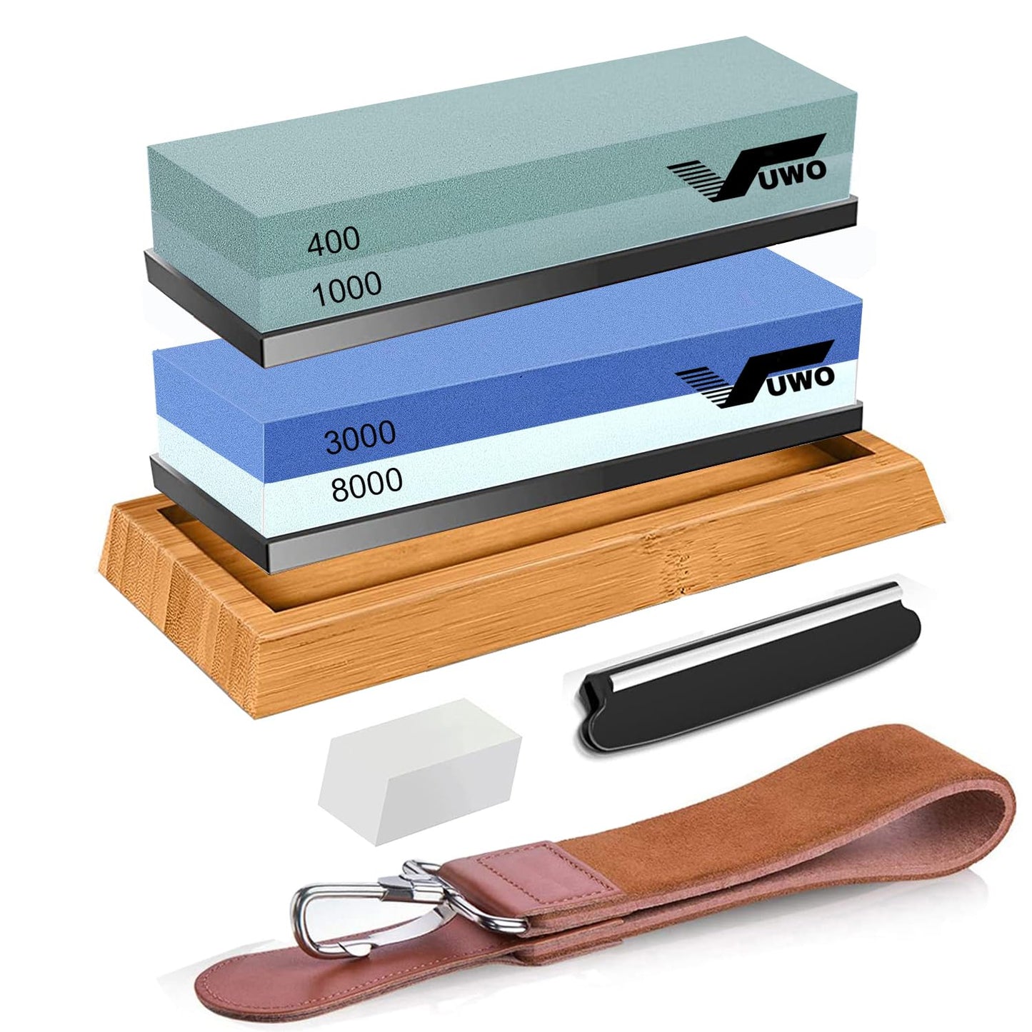 vuwo Knife Sharpening Stone Kit - Whetstone Grit 400/1000 3000/8000 Premium Knife Sharpener Wet Stone Set with Bamboo Base Angle Guide Leather Strop Flattening Stone Silicon holder