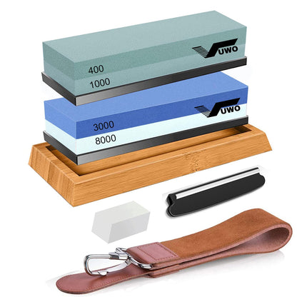 vuwo Knife Sharpening Stone Kit - Whetstone Grit 400/1000 3000/8000 Premium Knife Sharpener Wet Stone Set with Bamboo Base Angle Guide Leather Strop Flattening Stone Silicon holder