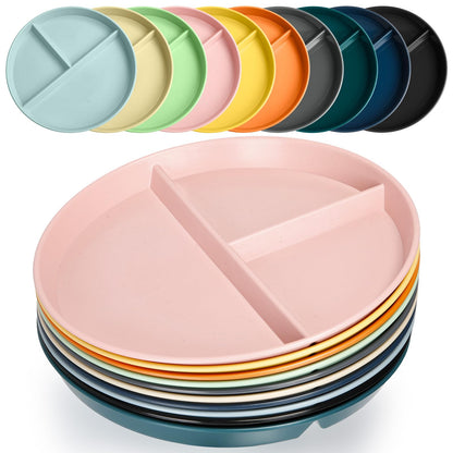 Acellegic 20 Pcs Plastic Divided Plates with 3 Compartments for Adult 9 Inch Portion Control Plates 10 Colors Reusable Unbreakable Dinnerware Lightweight Food Separator (Round)