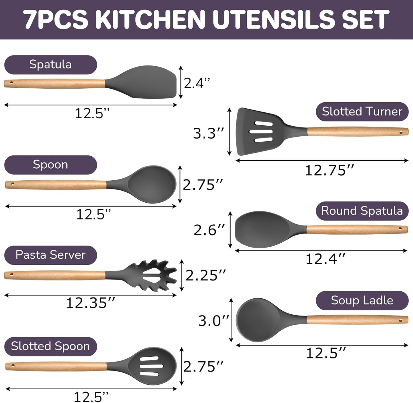 TeamFar Kitchen Utensils Set of 7, Silicone Cooking Tools with Wooden Handles for Baking, Mixing, Non-toxic