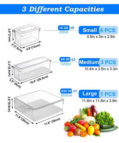 KUMD 10-Pack Clear Fridge Organizer Bins with Lids, Stackable Refrigerator Storage Containers, BPA-Free with Drain Tray & Anti-Slip Base for Fruits, Veggies, Drinks