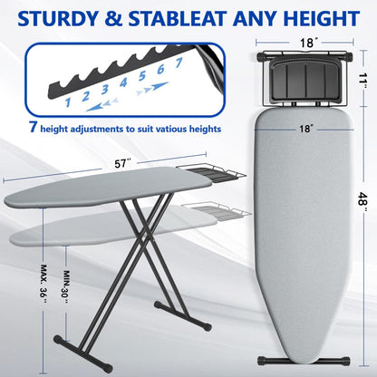 UFETGYG Classic Full Size Ironing Board 57" X 18" with Iron Rest, Extra Wide Size Full Metal Construction,Height Adjustable, Heat & Scorch Resistant Fabric, Anti-Skid Feet, Heavy Duty