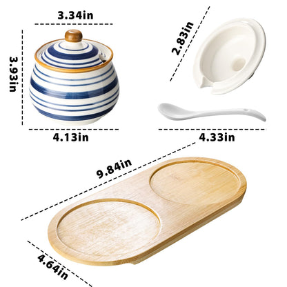 Sailench Sugar Bowl Set of 2,Ceramic Sugar Bowl with Lids and Spoon & Wooden Tray,Sugar Jars for Coffee Bars and Home Kitchens(2, Large)