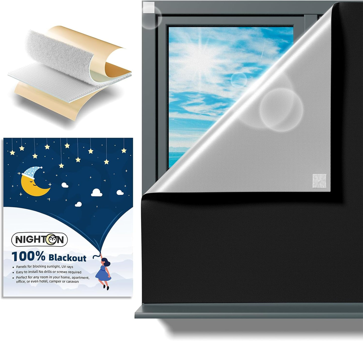 120"70", 100% NIGHTON Portable Blackout Curtains Strong Hook and Loop Tape Strips with Adhesive, Cuttable Blackout
