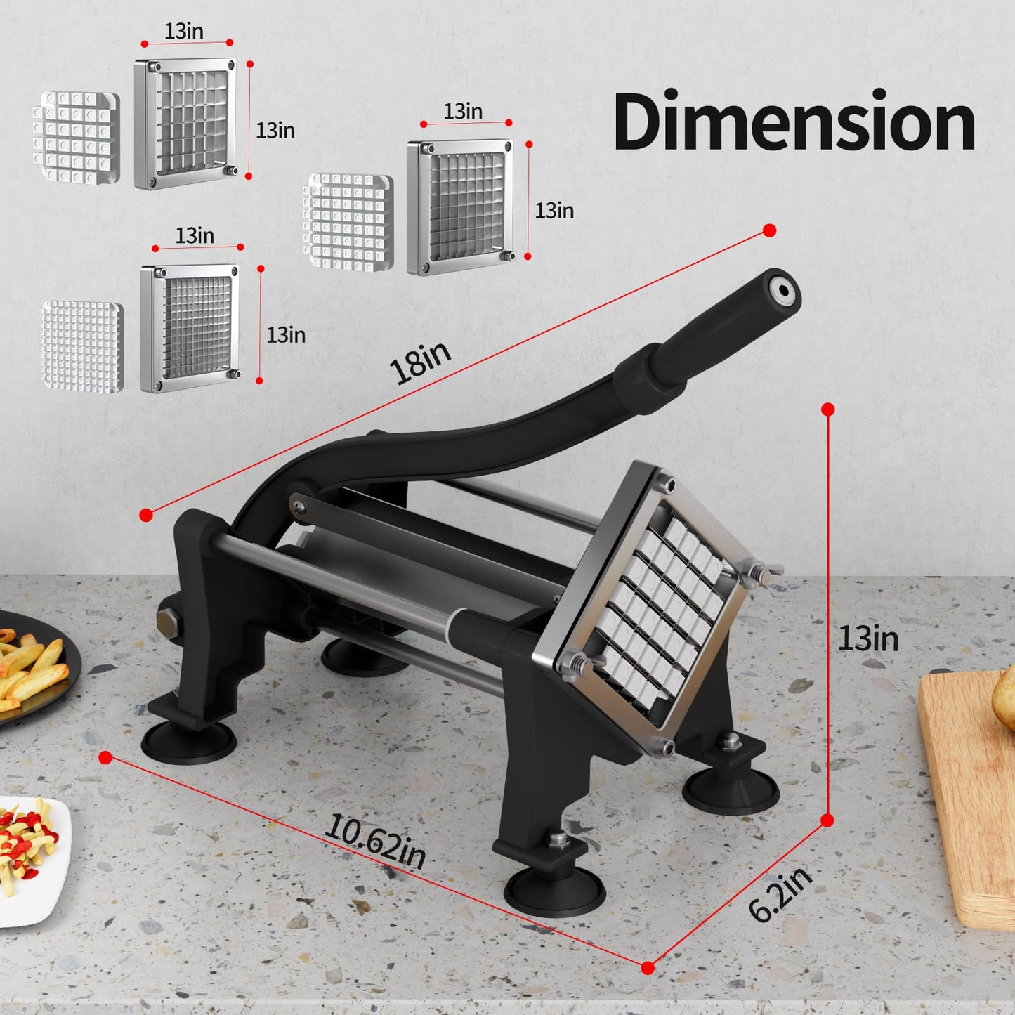 French Fry Cutter for Potatoes Slicer with Suction Feet Complete Set, Stainless Steel Potato Cutter with 1/4", 3/8",1/2",8 Blades for Sweet Potato, Carrot, Yam(Full Combo)