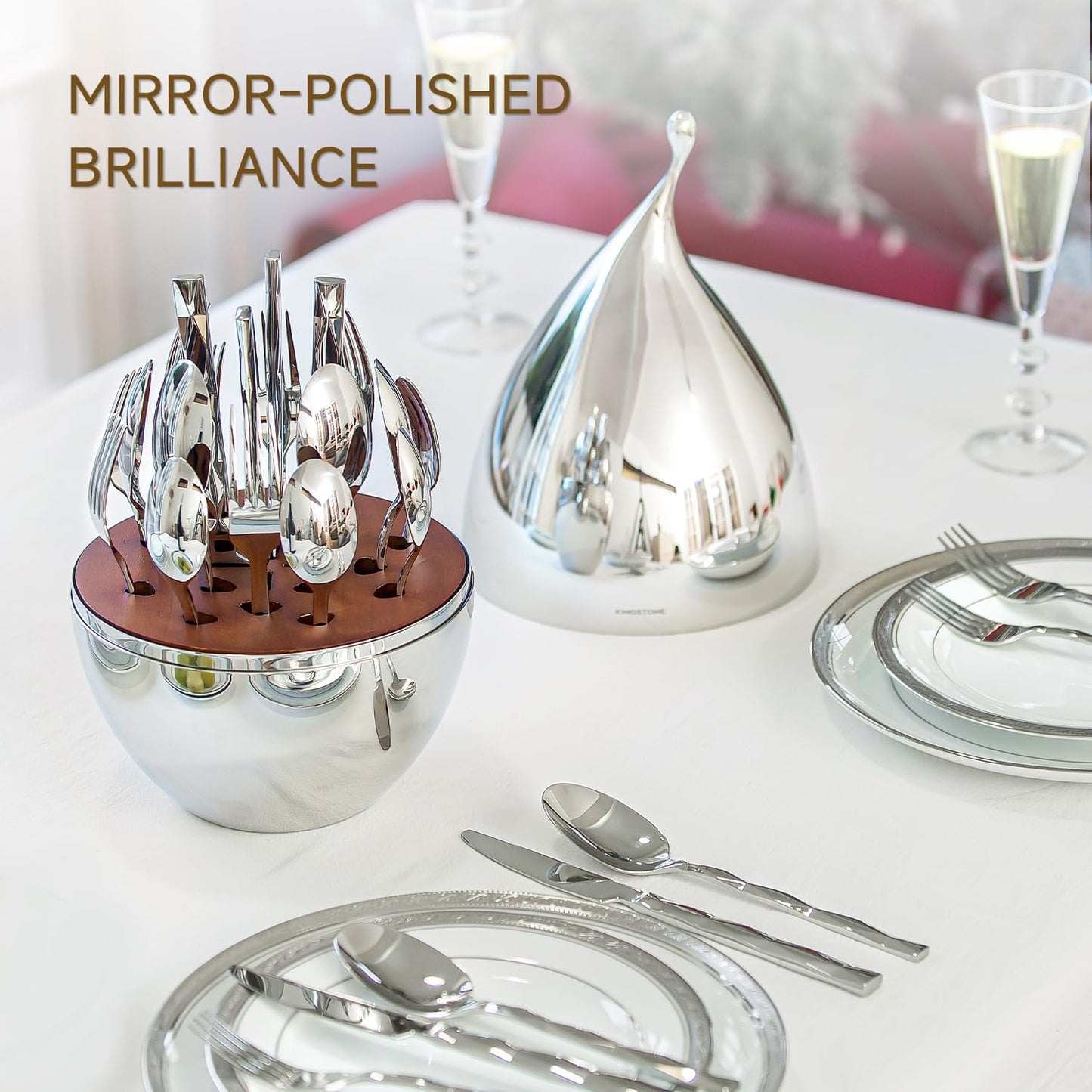 KINGSTONE Silverware Set with Waterdrop Storage Organizer, Luxury 20 Piece Flatware Set for 4, 18/10 Stainless Steel Cutlery Set with Diamond Cut Pattern Ideal for Kitchen,Party and Gift