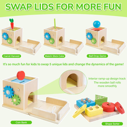 JUSTWOOD Montessori Toys for 1+ Year Old, 8-in-1 Wooden Play Kit Includes Object Permanent Box, Learning Activity Cube, Sorting & Stacking Toy, Carrot Harvest Game, Gift for Boys Girls Age 12+ Months