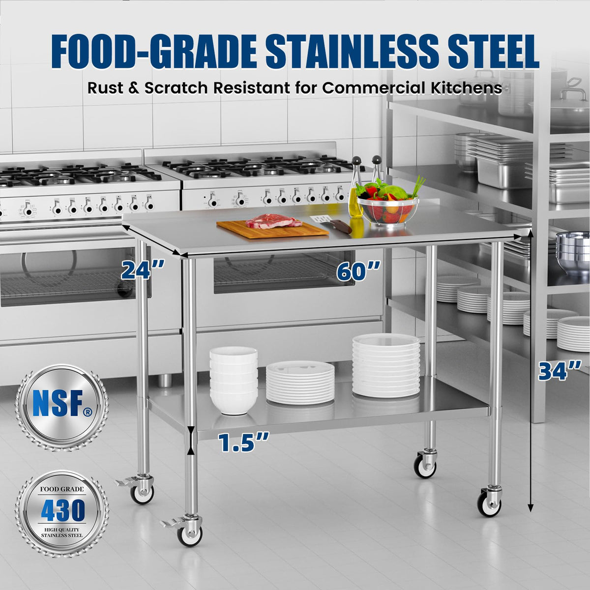 Chingoo Stainless Steel Work Table with Wheels, 24x60 Inch NSF Food Prep Table with Backsplash & Adjustable Undershelf for Commercial Kitchen, Restaurant, Garage
