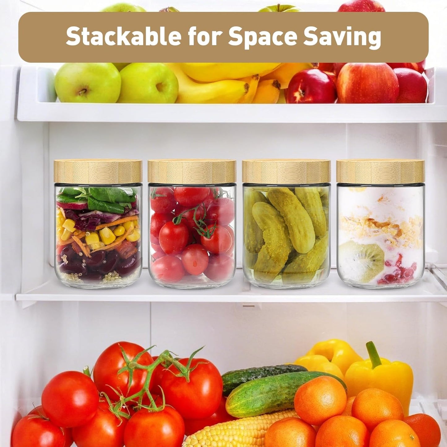 16oz 4 Pack,Overnight Overnight Oats jars Oats Containers with Bamboo Lids for Meal Prep,Wide mouth Mason Glass Salad