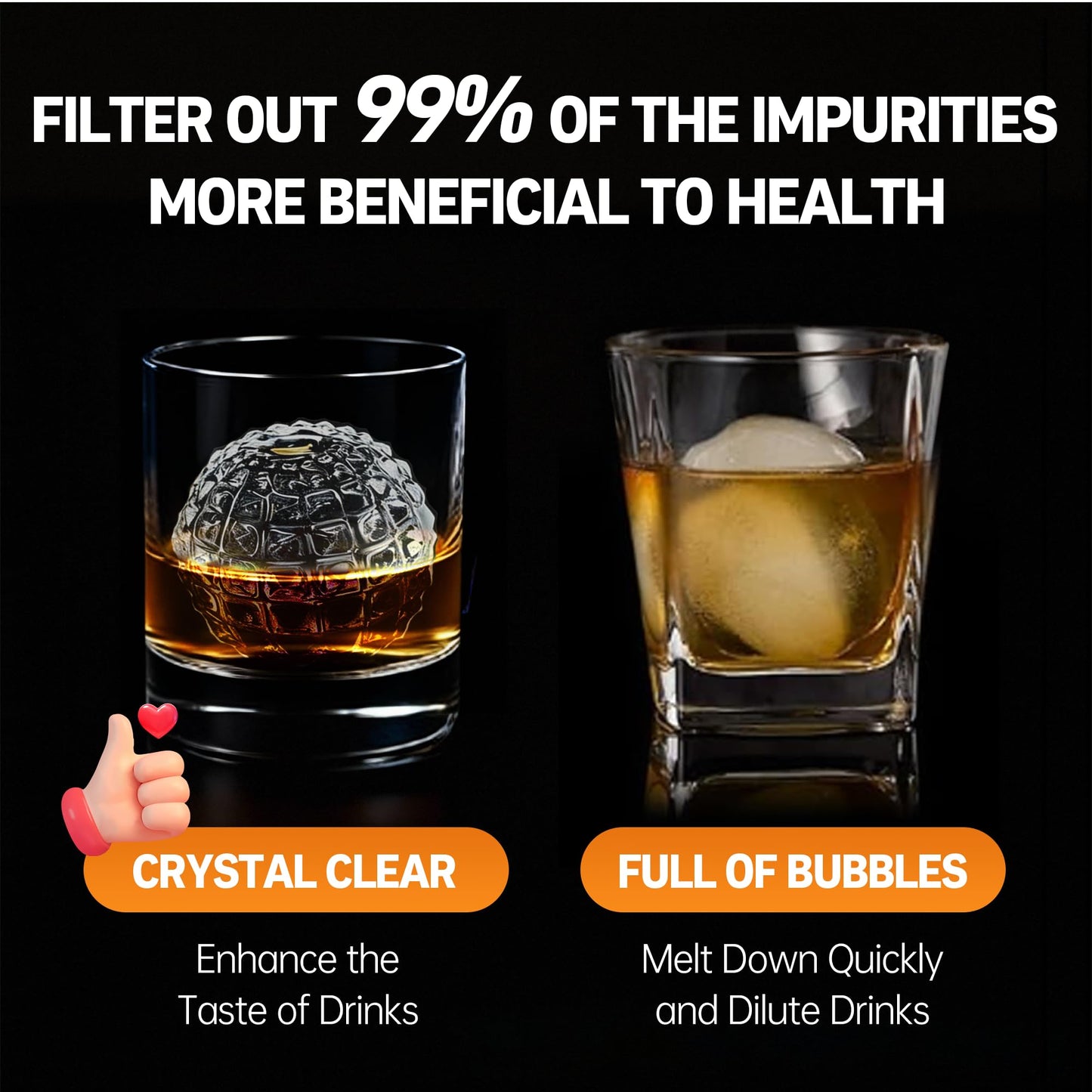 Clear Ice Cube Maker Tray – 2.3 Inch Large Diamond Ice Ball Mold, Stainless Steel & Silicone, Slow Melting Transparent Ice for Whiskey, Cocktails, and Home Bar Use