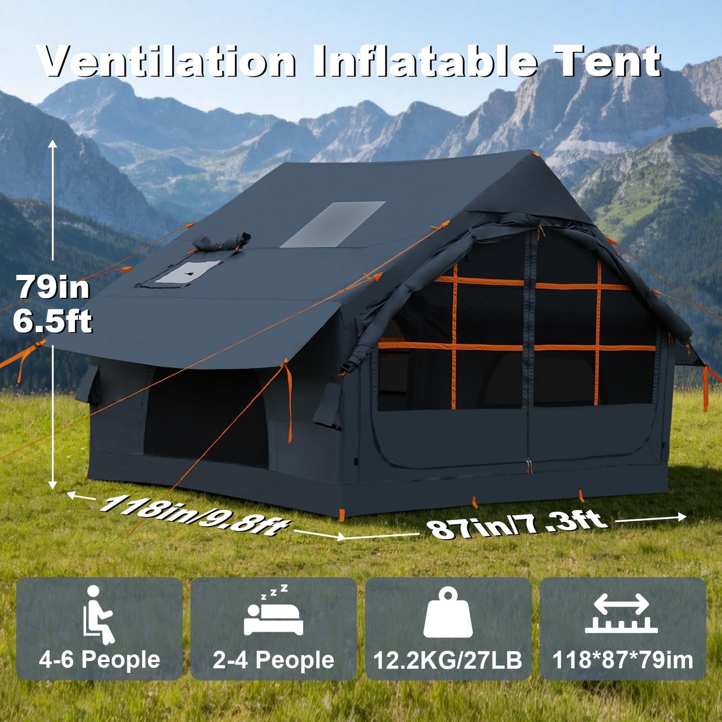 4-6 Person Inflatable Tent for Camping with Stove Jack, Hand Air Pump Easy Setup Blow Up Tents for 4 Seasons Waterproof Inflatable Air House Tent for Outdoor Adult