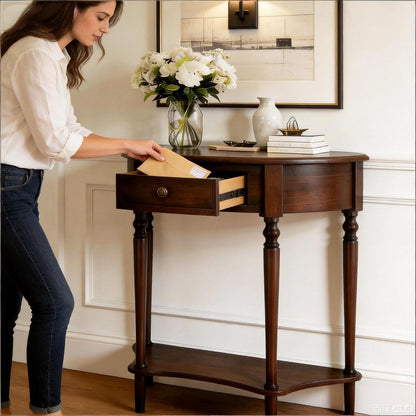 YNVHKFN Half Moon Console Table - Solid Wood Entryway Table with Drawer & Shelf, Narrow Sofa Table for Hallway, Curved Accent Table for Living Room, Foyer, Small Space Storage Table
