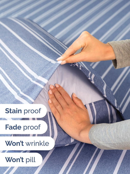 Skiennix Extra Deep Split King Sheet Set - 7 Piece Breathable Cooling Bedding - Soft Wrinkle-Free Blue Stripes