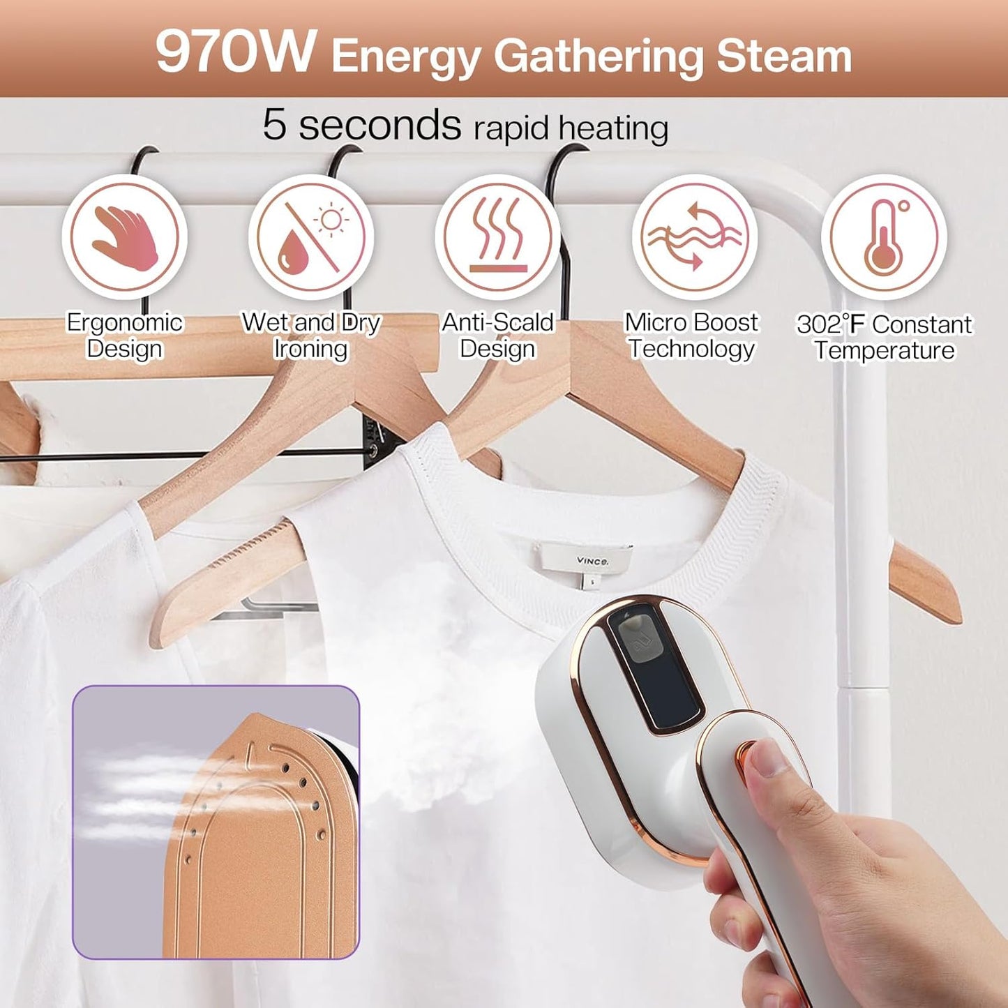 Mini Steam Iron, 970W Portable Steamer for Clothes, 180° Rotatable Handheld Steamer for Home Travel (White)