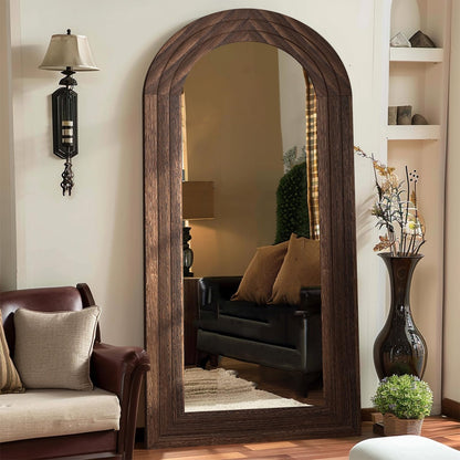 ZHUNFA Arched Full Length Mirror with Solid Wood Frame, 71x32 Farmhouse Wall Mounted Floor Mirror with Stand, Vertical Hanging, Leaning Standing for Bedroom, Living Room, Brown