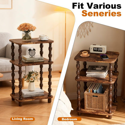 Retro End Table, 3-Tier Small Side Table, Narrow Couch Side Table for Small Spaces, Farmhouse End Table, Modern Accent Table, Skinny Bedside Table Nightstand for Bedroom, Living Room (Rustic Brown)