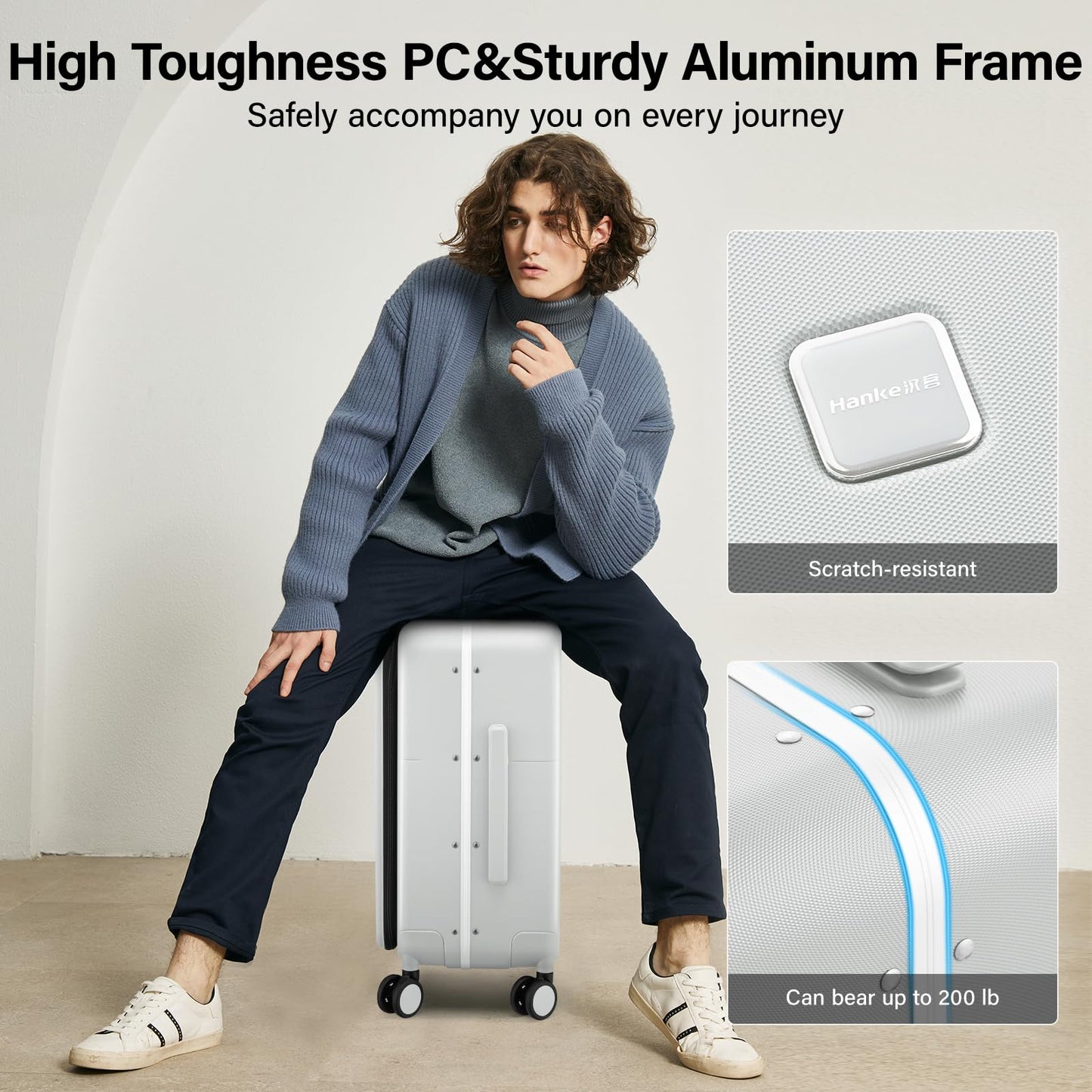 Hanke 28 Inch Checked Luggage with Cup Holder and USB Ports, Top Opening Hard Shell Suitcase with Wheels, Aluminum Frame Large Trunk Luggage with Foldable Divider & TSA Lock for Travel, Smoke White