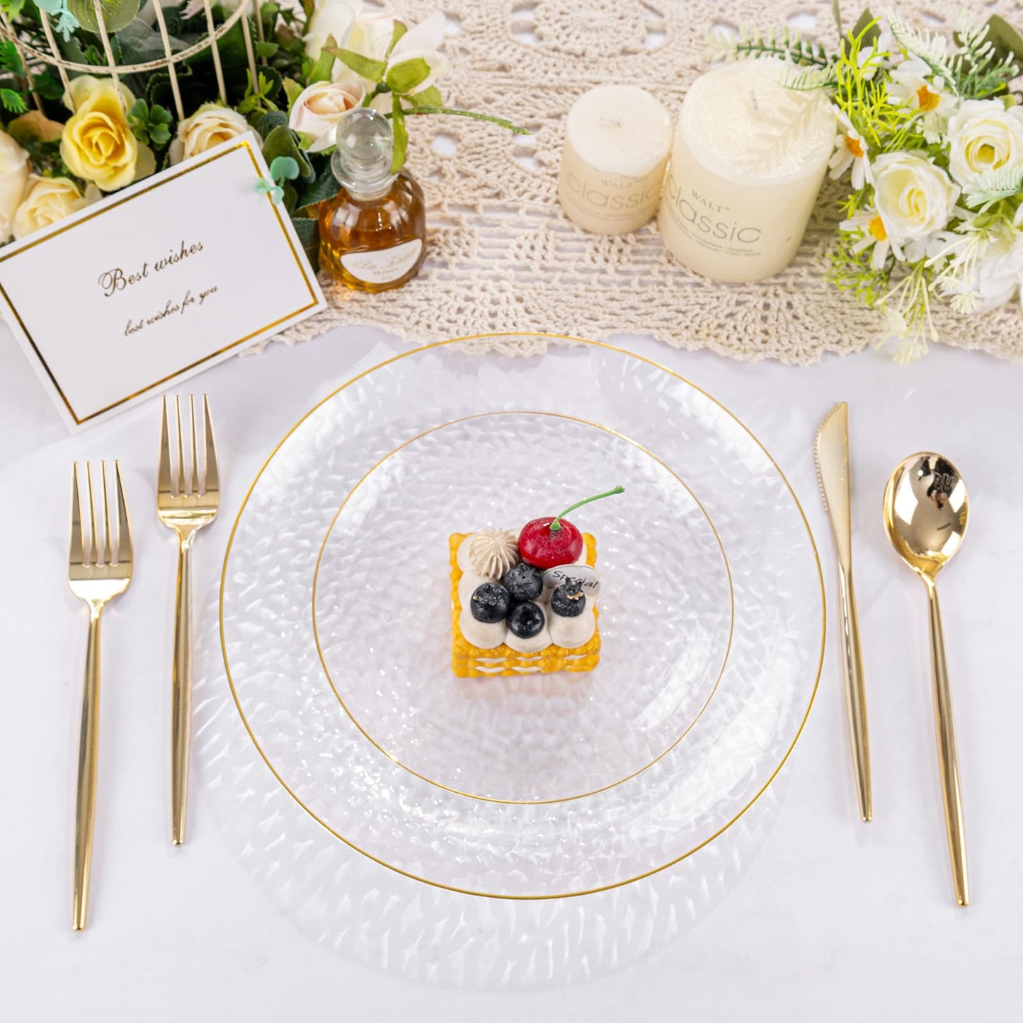 Rubtlamp 60Pcs Clear Plastic Plates,Clear Disposable Plates With Gold Rim,Heavy-duty Gold Plates,Hammered Party Plates Include 30Clear Dessert-Platos,30Dinner-Platos for Wedding, Party